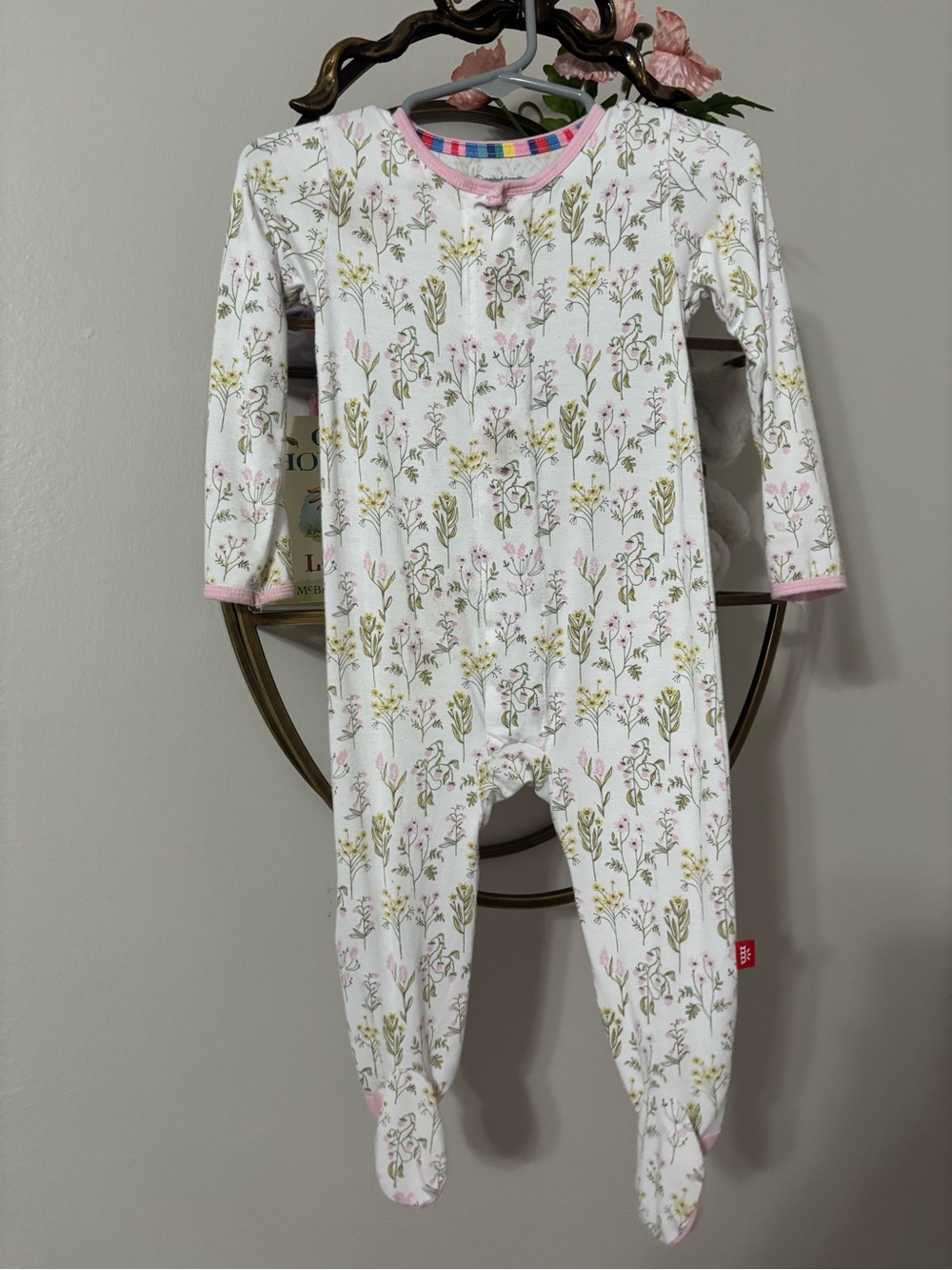 Magnetic Me White Floral Footed One-Piece with Pink Trim